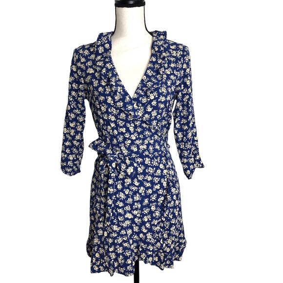 Sezane Dress Asianne Cara Antique Floral Wrap Mini Navy Blue Ruffle French 38 - Picture 4 of 13
